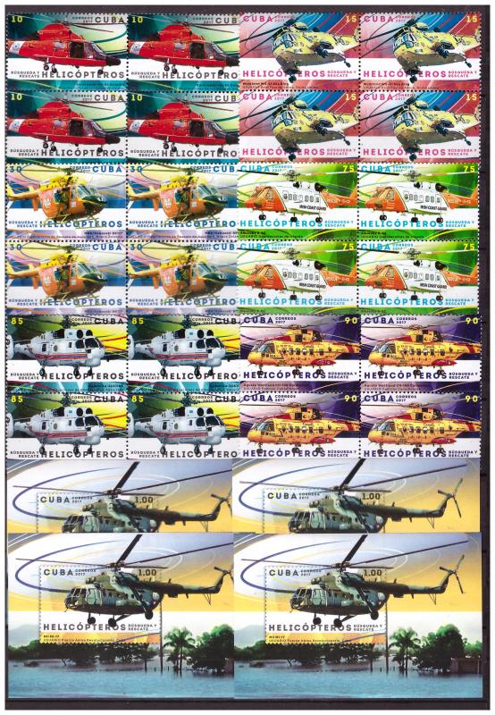 2017 Helicopters 6 values set +s/s MNH blocks of 4