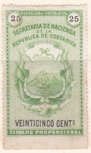 Costa Rica Revenue tax Stamp 1882 Mena #R15 Coats of Arms 25c Unused.