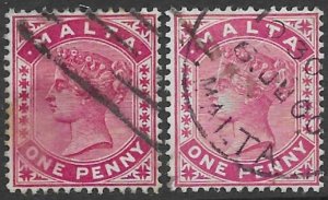 Malta 9 , 9a  1885  1 p rose ; 1p car rose  2 val  fine used