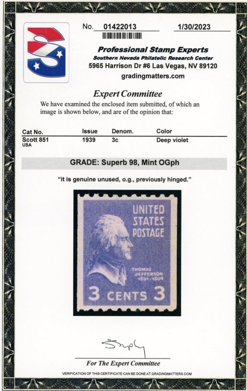 US Stamp #851 Thomas Jefferson 3c - PSE Cert - SUPERB 98 - MPH - SMQ $148.00