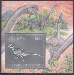 Guyana, Mi cat. 4875, BL430 A. Tyranosaurus Dinosaur, Silver Foil s/sheet. ^