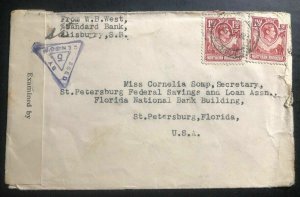 1941 Northern Rhodesia Censored Cover To National Bank St Petersburg FL USA