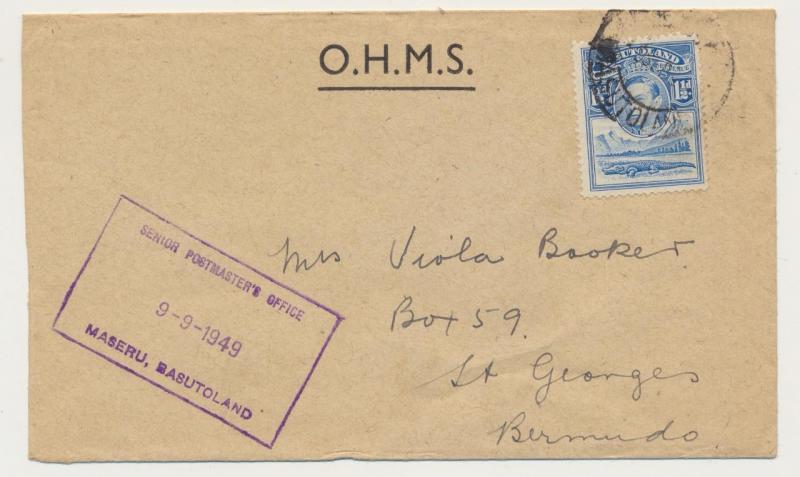 BASUTOLAND -BERMUDA 1949, OHMS COVER MASERU CDS+BOXED CACHET 1½d RATE(SEE BELOW