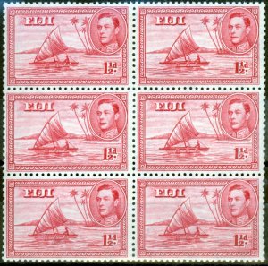 Fiji 1949 1 1/2d Dp Carmine SG252c P.12 V.F MNH Block of 6