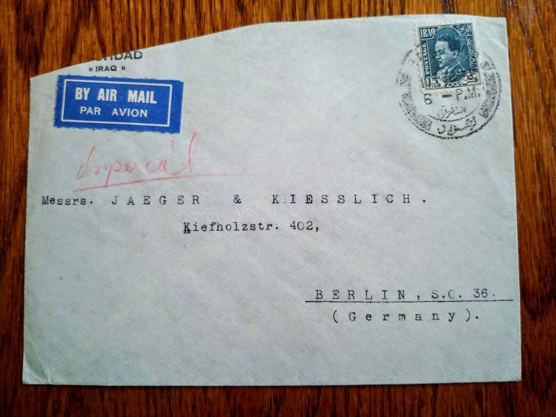 IRAQ GERMANY 1939 “IMPERIAL AIRWAY” LAST FLOWN COVER “BERLIN-BAGHDAD ROTE