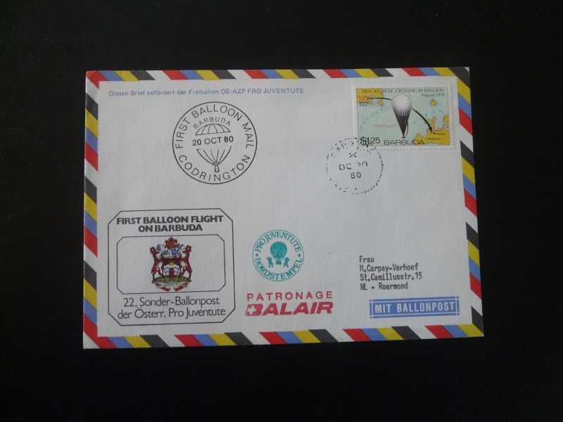 first balloon flight in Barbuda Pro Juventute ballonpost cover 1980