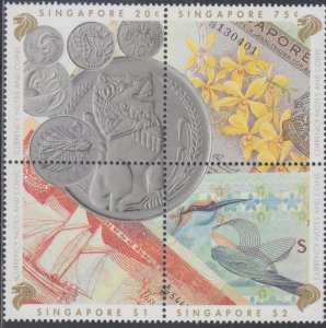 SINGAPORE Sc #644 CPL MNH BLOCK of 4 - CURRENCY: NOTES and COINS