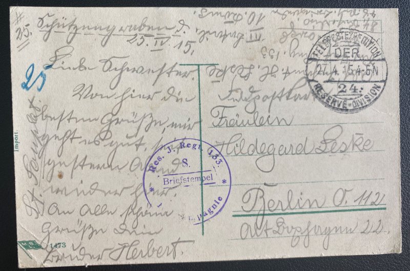 1915 Feldpost Germany Picture Postcard Cover To Berlin attack back at Altkirch