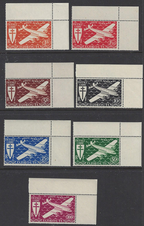 Somali Coast (Djibouti) #C1-7 mint set, Cross of Lorraine & plane, issued 1945