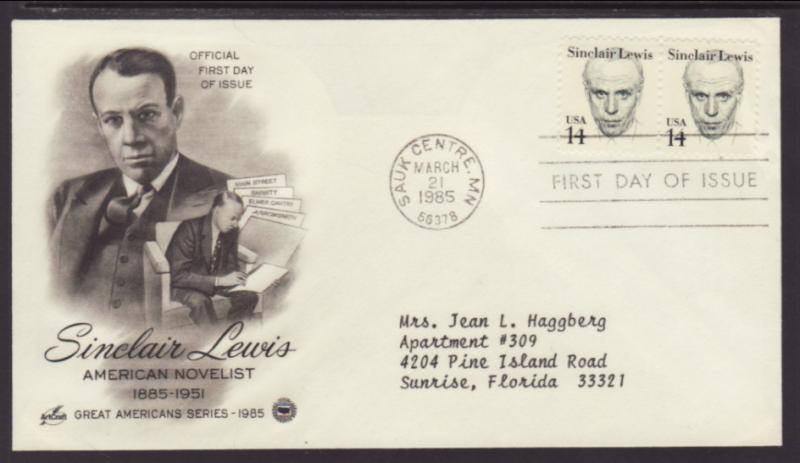 US Sinclair Lewis 1985 PCS Typed FDC BIN