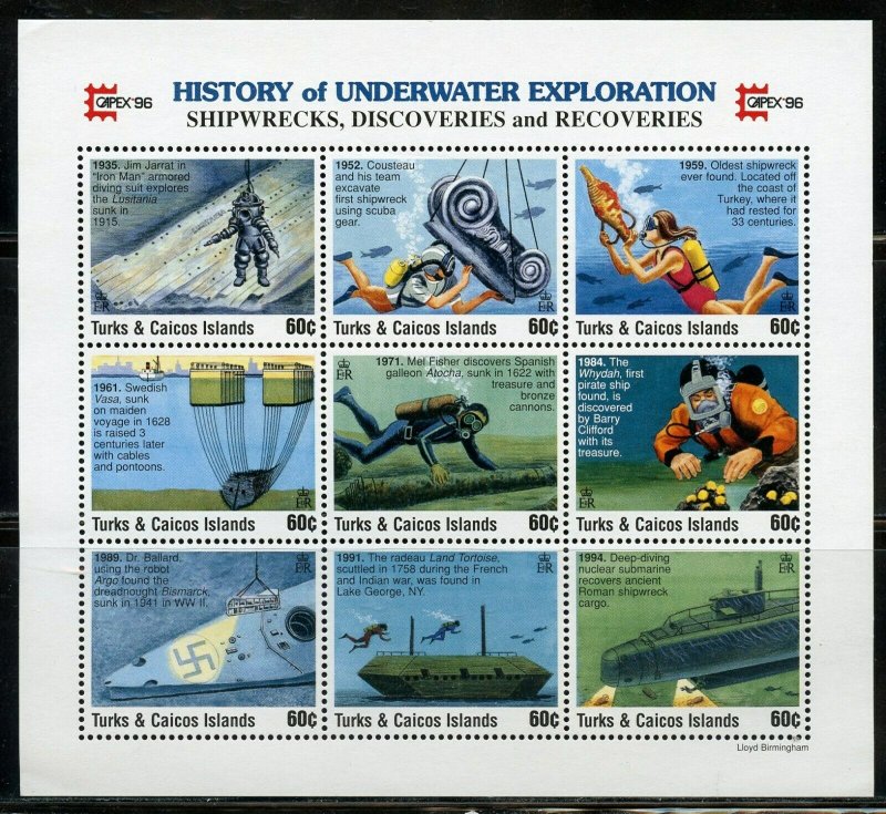 TURKS & CAICOS HISTORY OF UNDERWATER EXPLORATION SHEET & TWO S/SHEETS MINT NH  