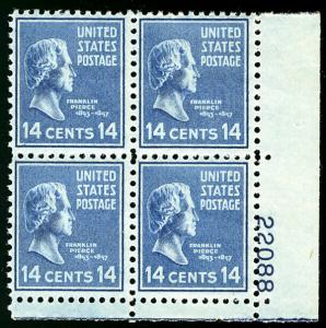 US #819 14c Pierce, Plate Block, VF mint never hinged, Fresh!