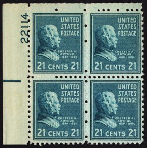 US 826 MNH VF 21 Cent Chester Arthur Plate Block UL #22114