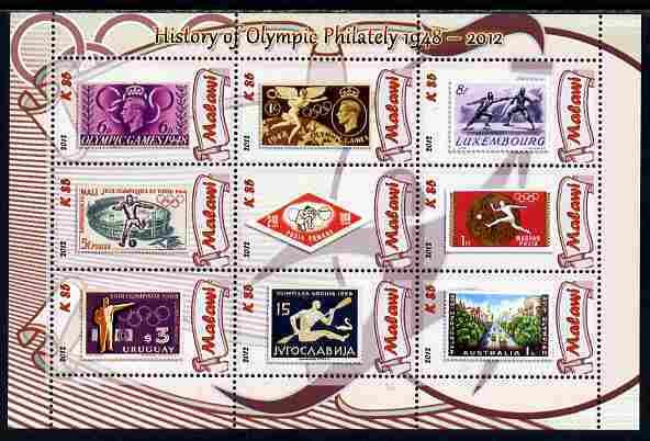 MALAWI - 2012 - History of Olympic Philately #2 -Perf 9v Sheet-MNH-Private Issue