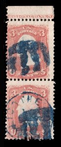MOMEN: US STAMPS #65 PAIR CHILLICOTHE 4-BAR BLUE SHIELD USED LOT #81298*