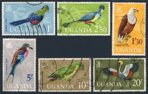 Uganda 105-109, used. Mi 95-100. Arms, Birds 1985.Turaco, Fish eagle,Roller,Love