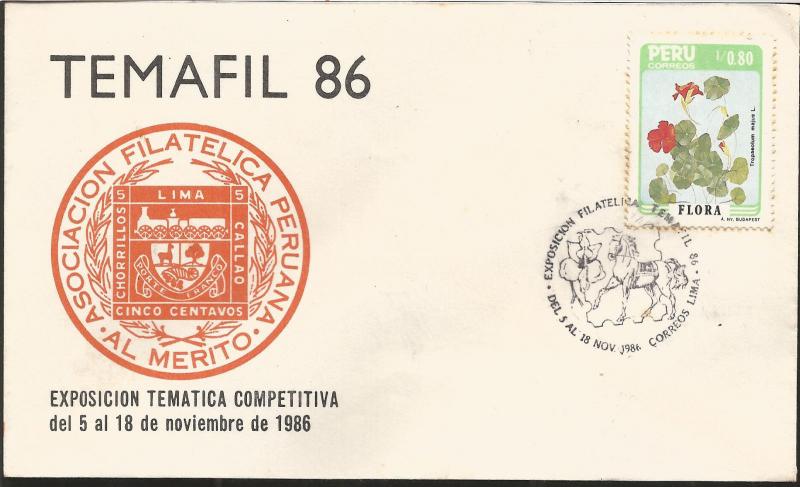 J) 1986 PERU, PERUVIAN PHILATELIC ASSOCIATION, TROPAELUM MAJUS L., FLOWER, FDC 