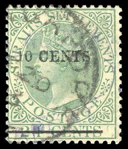 Malaya Straits 1891 QV 10c on 24c yellow-green WATERMARK INVERTED vfu. SG 86w.