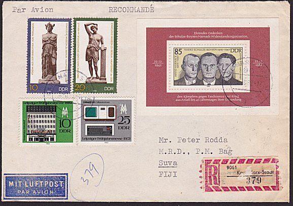 EAST GERMANY TO FIJI 1983 registered cover - nice franking..................5952