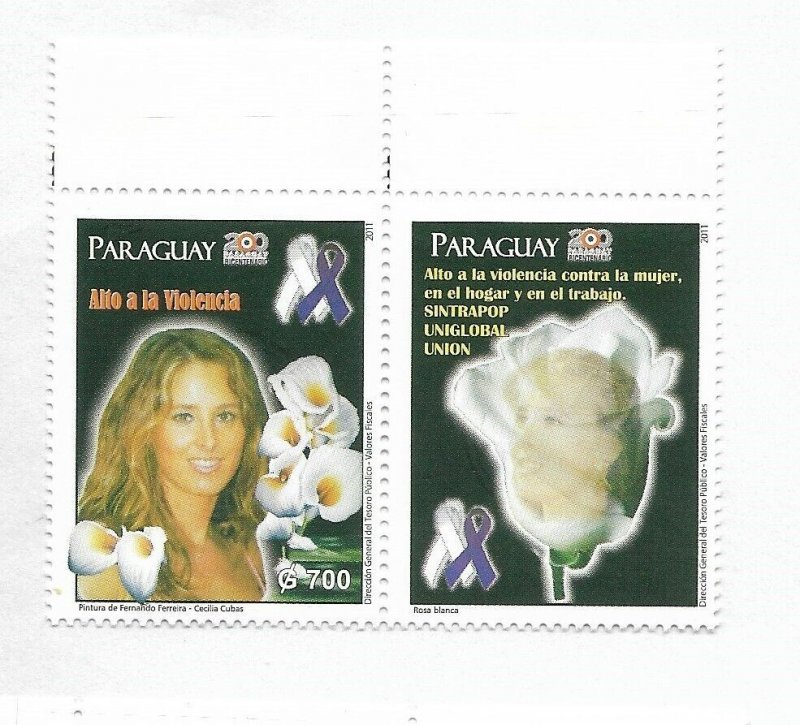 PARAGUAY 2011 STOP VIOLENCE AGAINST WOMEN FLOWERS 1 VALUE + LABEL MINT NH