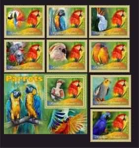 Stamps. Fauna. Birds. Parrots  2023 year block + 8 stamps  perf Gabon NEW