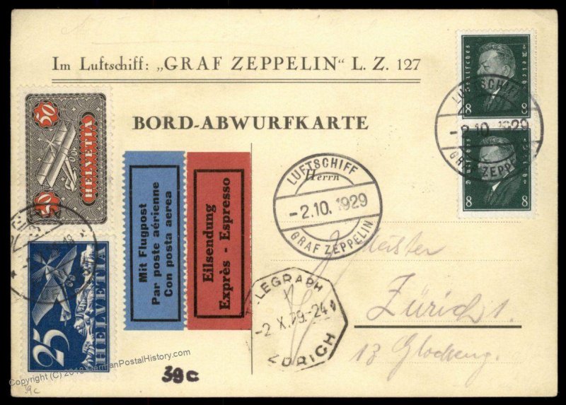 Switzerland 1929 Germany Zeppelin Si39c MIXED Bordpost Bern Drop Cover 92721
