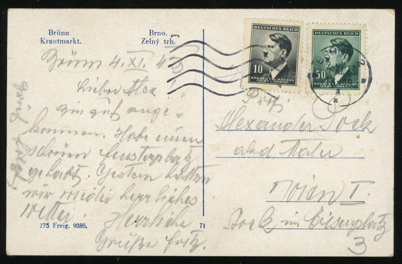 Brno Occupied Czechoslovakia Bohemia & Moravia 1944 WWII Germany Postal Card