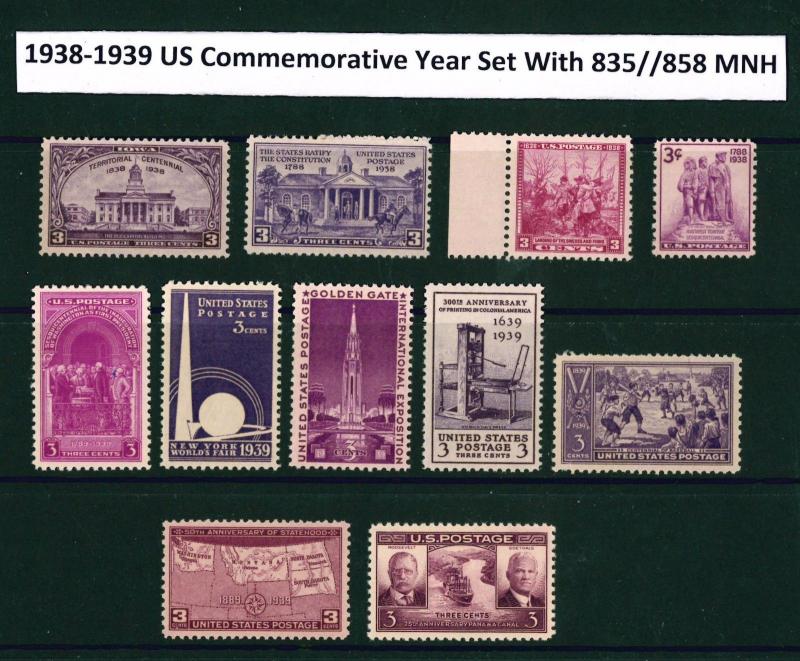 U.S. 1938 & 1939 Commemorative Year Set  # 835 ~ 858 11 MNH Stamps 