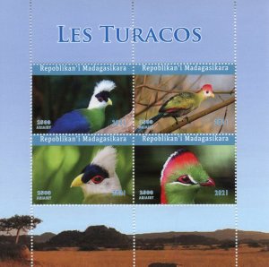 MADAGASCAR - 2021 - Turacos Birds - Perf 4v Sheet - Mint Never Hinged