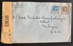 1944 Curepipe Mauritius Censored Airmail Cover To Detroit MI Usa