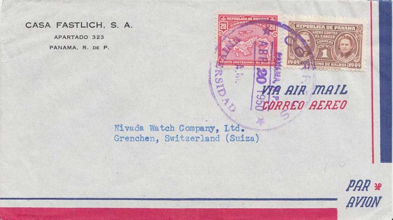 Panama 1c Curie Postal Tax and 20c Map 1950 Correos, Universidad Airmail to G...