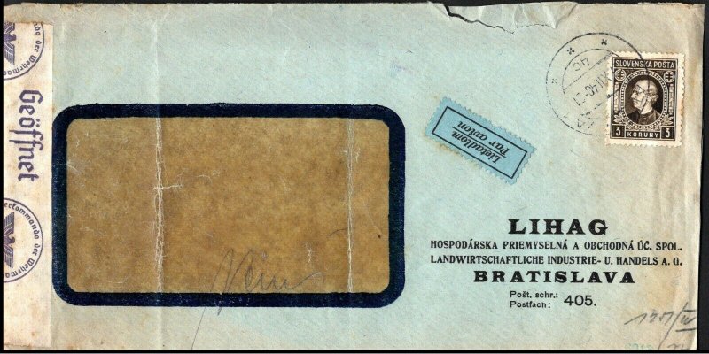  Slovakia 1940 SLOVENSKÁ POŠTA Bratislave Airmail with Geoffnet Censor Markings