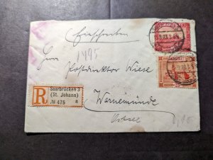 1923 Registered Germany Saar Cover Saarbrucken to Warnemunde