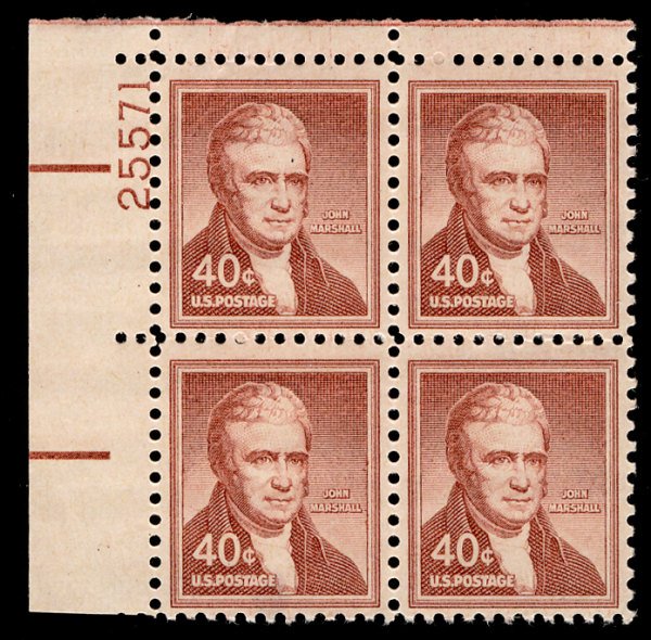 US #1050 PLATE BLOCK, VF/XF mint hinged, 40c Marshall,  SUPER COLOR!  