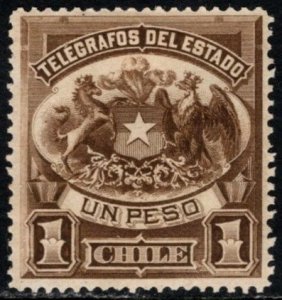 1894 Chile Revenue 1 Peso Coat of Arms State Telegraphs Unused