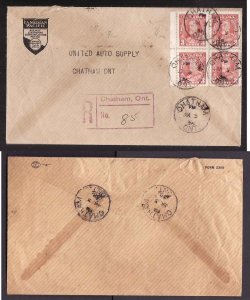 Canada-cover 8971 - 3c(CPR perfin block) KGV drop rate reg'd-Kent Cty-Ch...