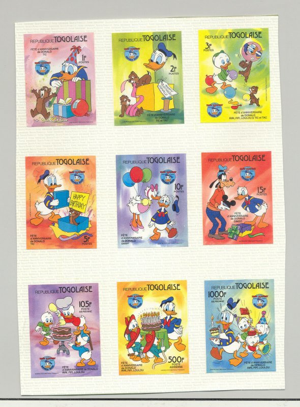 Togo #1230-1240 Disney 9v & 2v S/S Imperf Proofs on 2 Cards