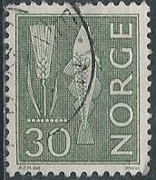 Norway 462 (used) 30ø rye & fish, dull green (1964)