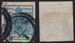 Austria - 1850 - Scott #5 - used on piece - Type II - plate flaw