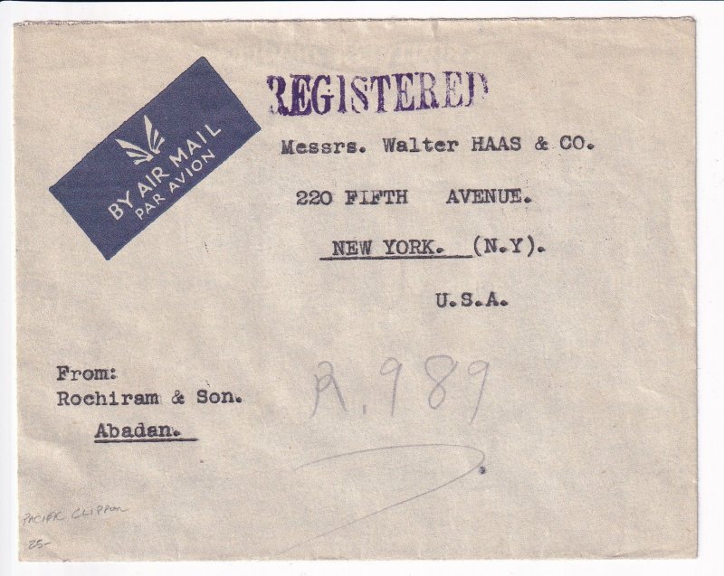 Abaden, Persia to New York City, NY 1947 Registered Airmail via Pacific (42931)