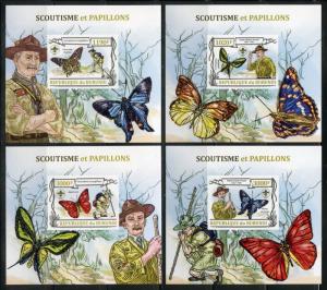 BURUNDI 2012 SCOUTS & BUTTERFLIES   SET OF FOUR IMPERFORATE DELUXE S/S  MINT NH