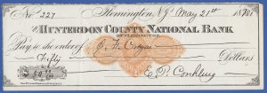 US 1881 2c Used Bank Check, Sc RN-D1, Hunterdon County Nat. Bank, Flemington, NJ