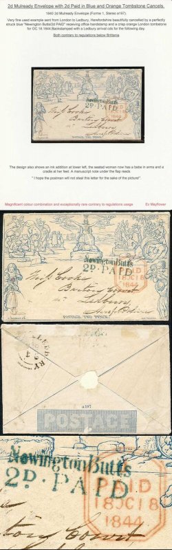 2d Mulready Envelope with 2d Paid in Blue and Orange London Tombstone Cancels 