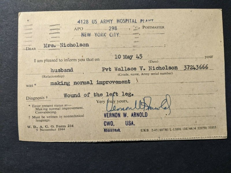 APO 298 TIDWORTH, ENGLAND 1945 WWII Army Cover 4128 HOSPITAL w/ WOUND note 