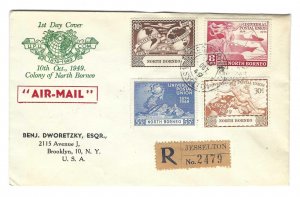 NORTH BORNEO 1949 AIRMAIL UPU SET REGISTERED JESSELTON FDC VIA SINGAPORE