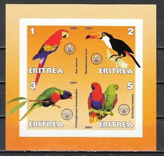 Eritrea, 2001 Cinderella issue. Parrots IMPERF sheet of 4. *