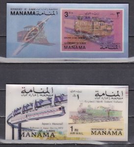 Manama, Mi cat. 927, BL177-178. Trains on 2-D Holograms s/sheets.