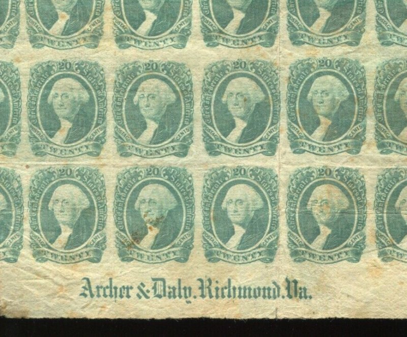 Confederate States 13 Archer & Daly Imprint Block of 32 Stamps