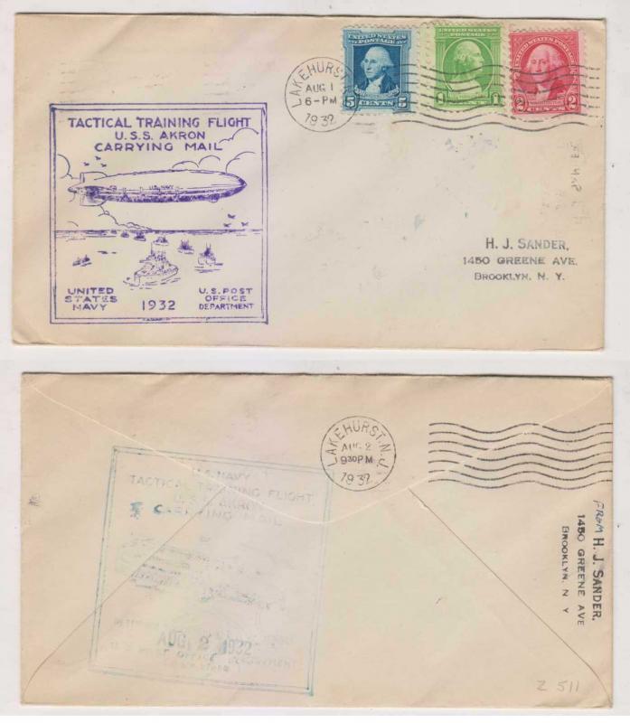 USA 1932 USS AKRON TACTICAL TRAINING FLIGHT CARRYING MAIL AAMC Z511 COVER VF 