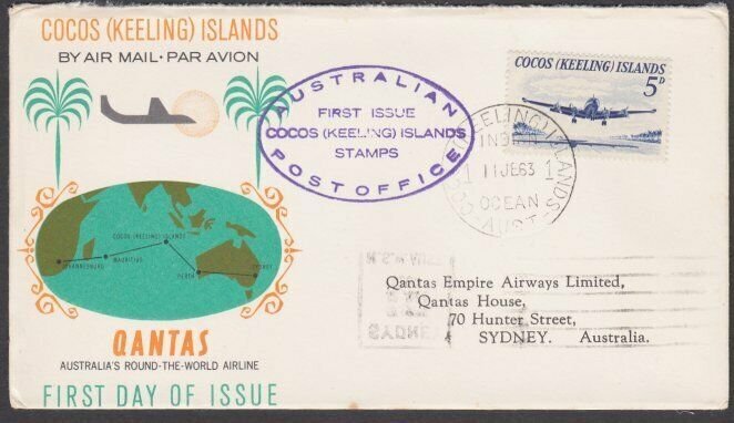 COCOS IS 1963 5d FDC carried Qantas flight to Sydney........................M515